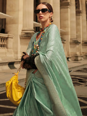 Women's Satin Sea Green Woven Design Designer Saree With Blouse Piece-KVINCI338002