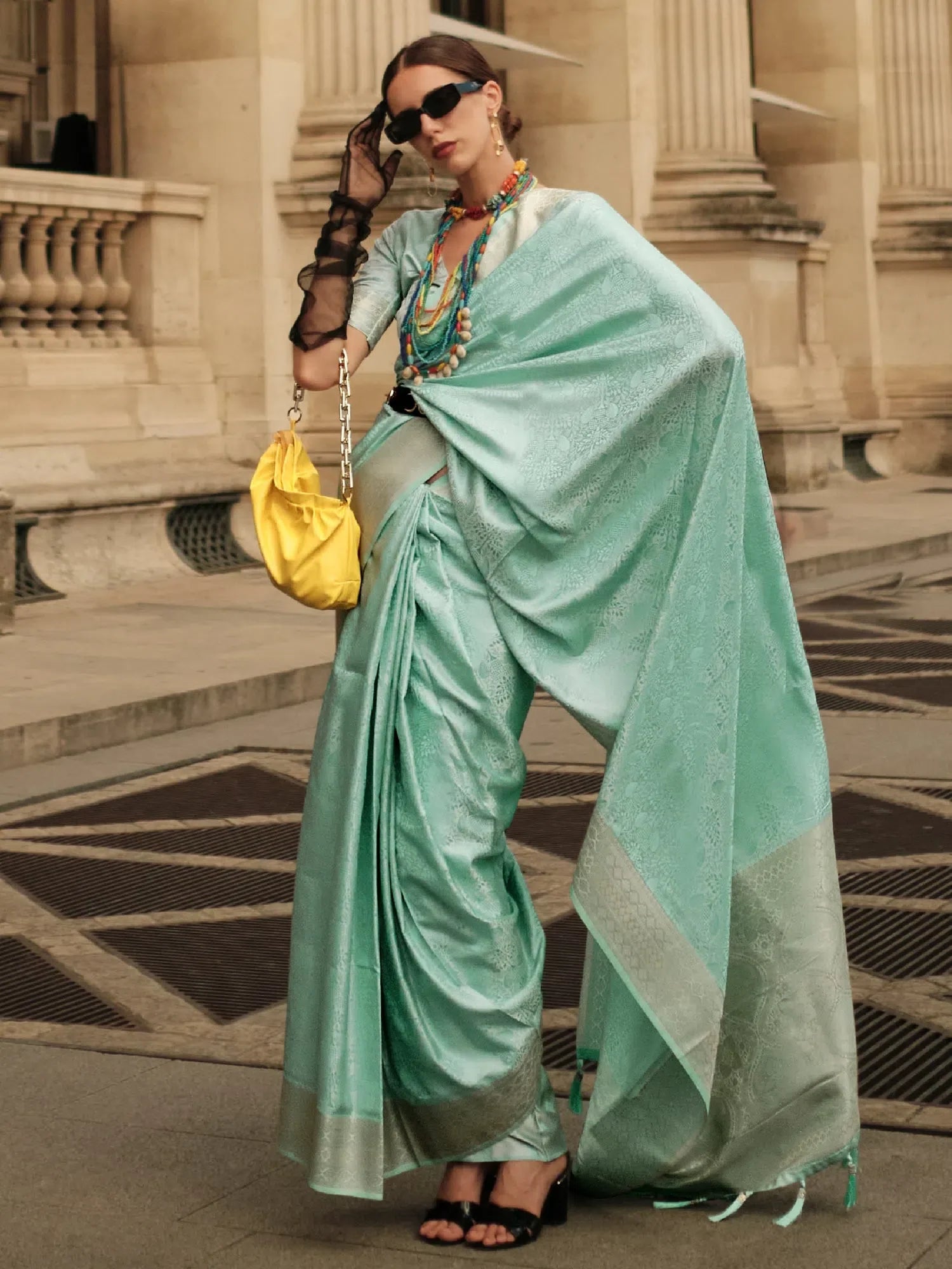 Sea Green Satin Saree | Designer Sarees India