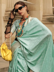 Women's Satin Sea Green Woven Design Designer Saree With Blouse Piece-KVINCI338002