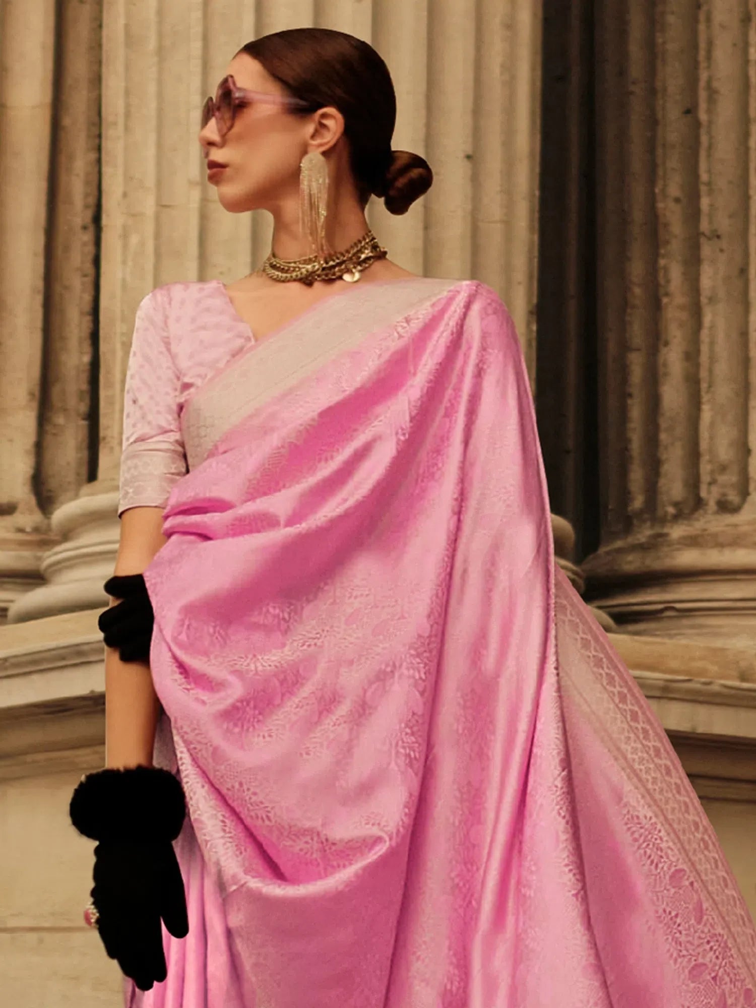 Pink Satin Saree: Indian Sari with Blouse