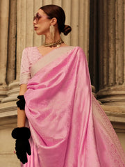 Women's Satin Pink Woven Design Designer Saree With Blouse Piece-KVINCI338003