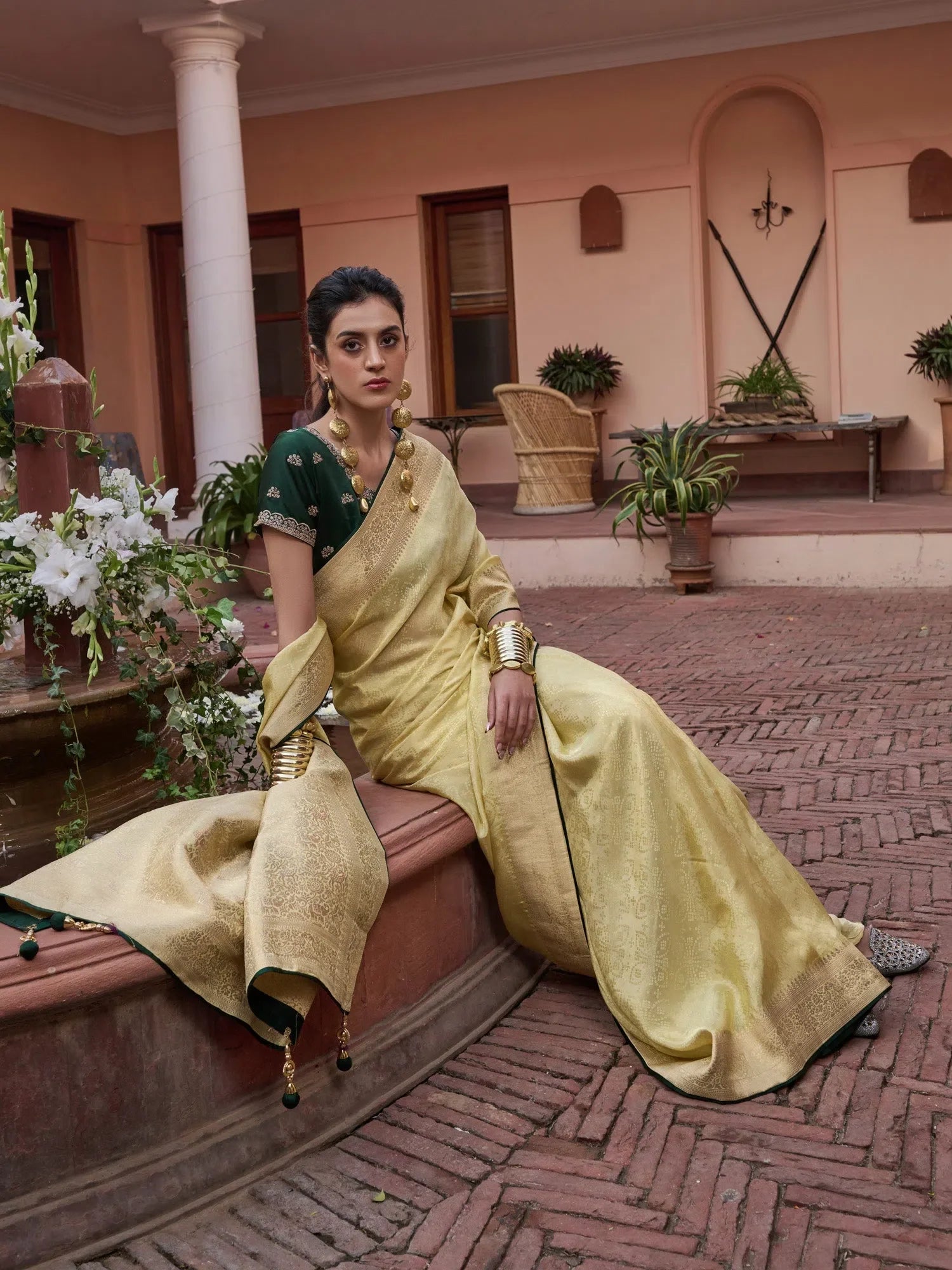 Yellow Designer Saree - Indian Sari with Blouse Piece
