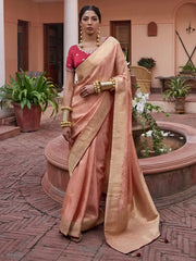 Women's  Blend Peach Woven Design Designer Saree With Blouse Piece-KYARA2305