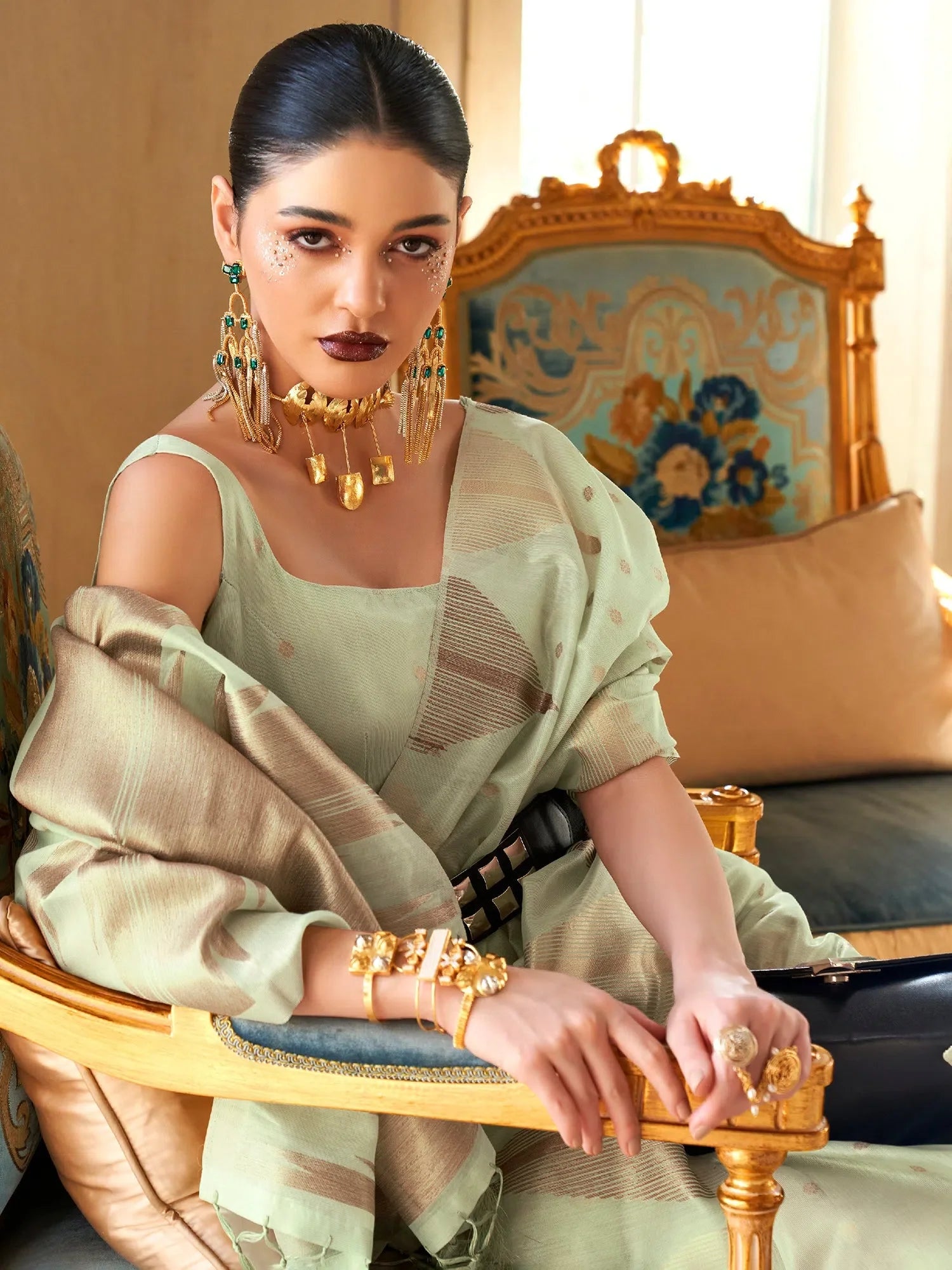 Sea Green Woven Polyester Indian Sari with Blouse