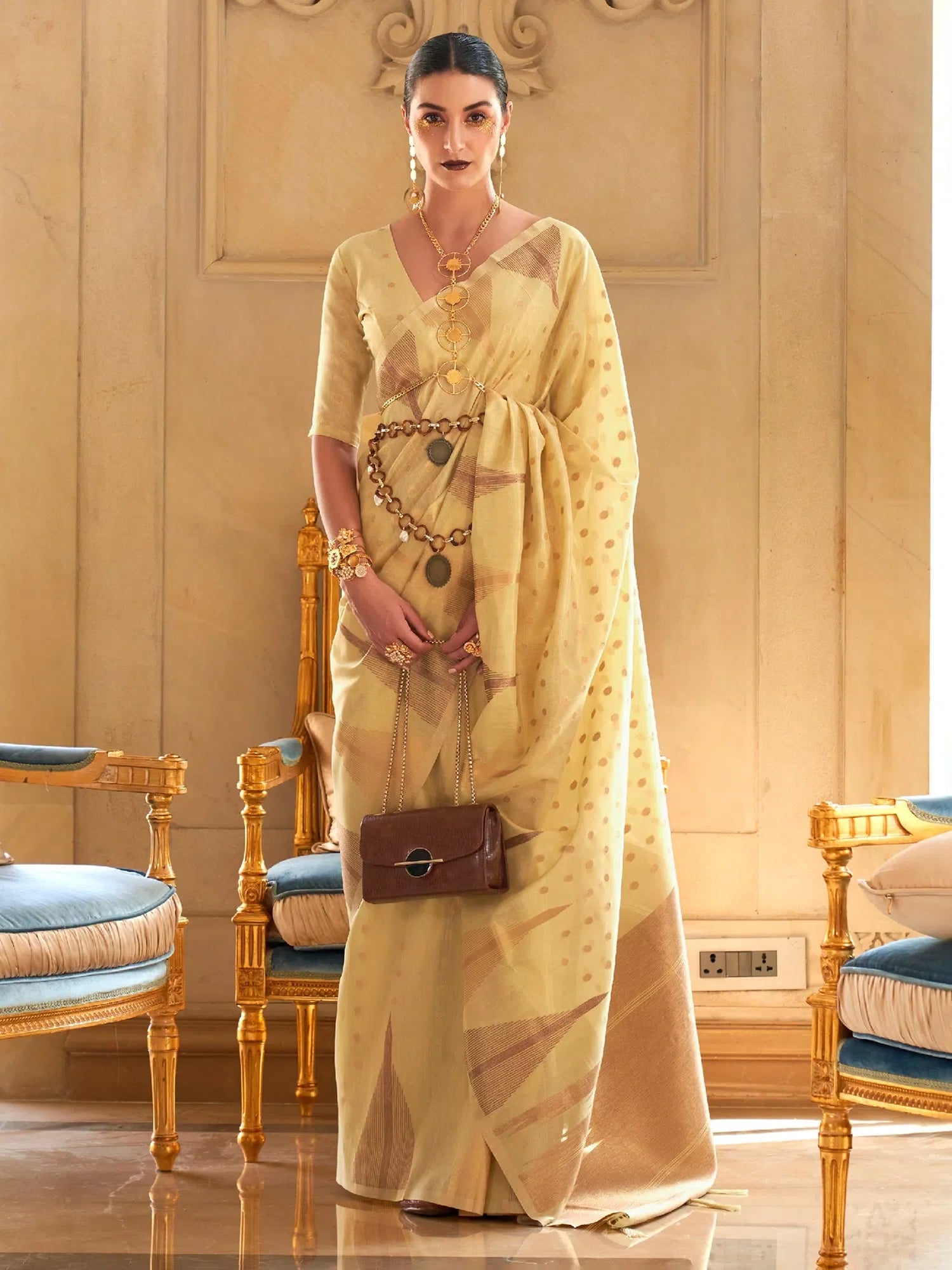 Yellow Woven Design Indian Sari - Designer Polyester Saree