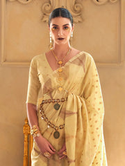 Women's Tissue Yellow Woven Design Designer Saree With Blouse Piece-KYARI8007