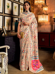 Women's Cotton Blend White Woven Design Designer Saree With Blouse Piece-LAJRI4262