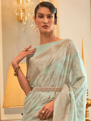 Women's Modal Sea Green Embroidered Handloom Saree With Blouse Piece-KYMA254006