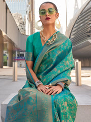 Women's Kanjeevaram  Teal Blue Woven Design Designer Saree With Blouse Piece-KZAINAB13006