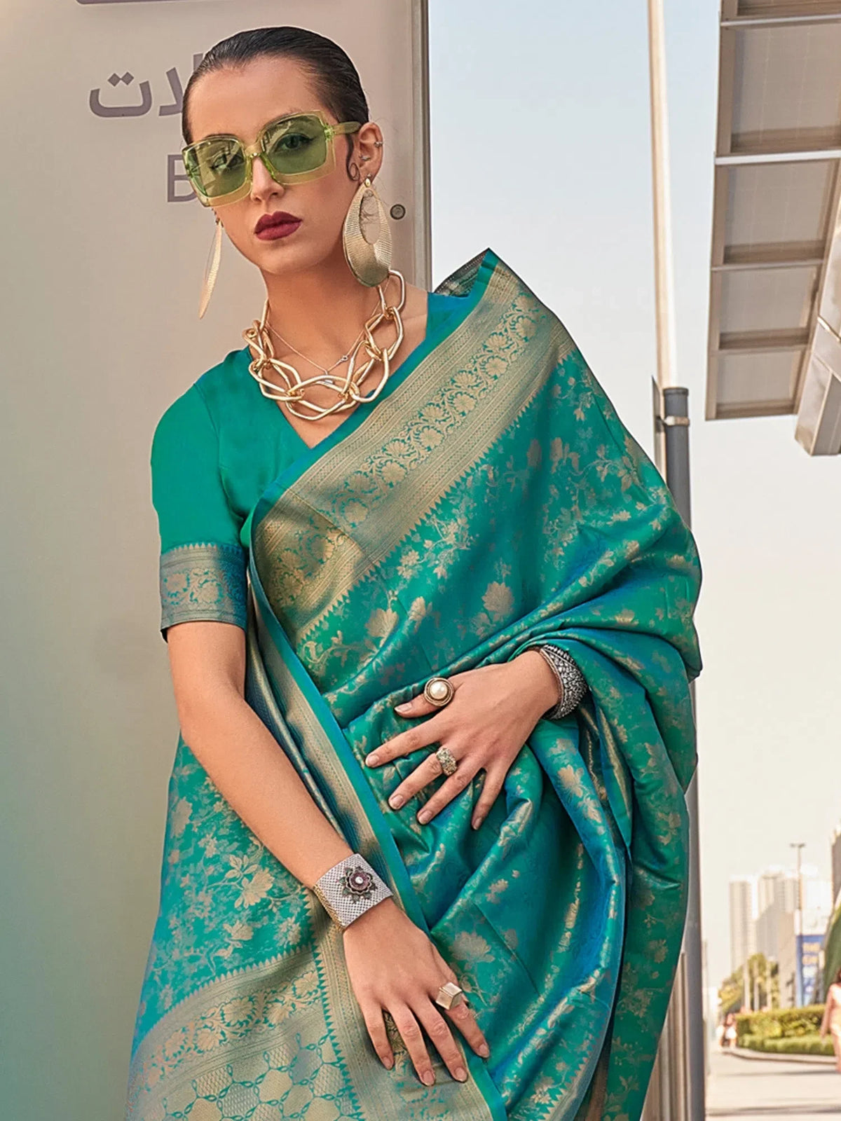 Women's Kanjeevaram  Teal Blue Woven Design Designer Saree With Blouse Piece-KZAINAB13006