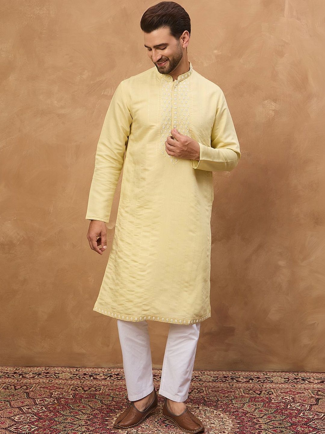 Ethnic Bay Men Yellow Silk Blend Solid Embroidered Straight Kurta With Pant Set-MKSET1507
