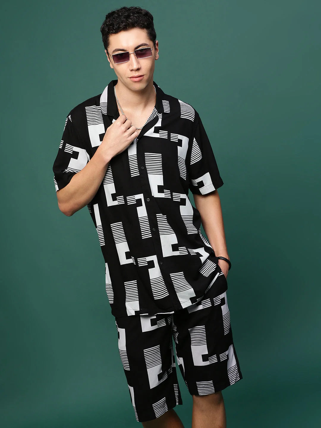 Men's Black Printed Co Ord Set | Cuban Collar Two Piece Set