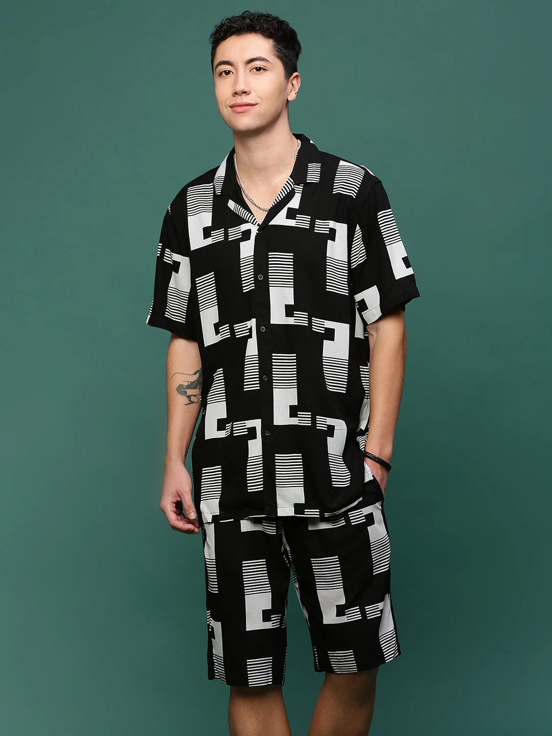 Men's Black Printed Co Ord Set | Cuban Collar Two Piece Set