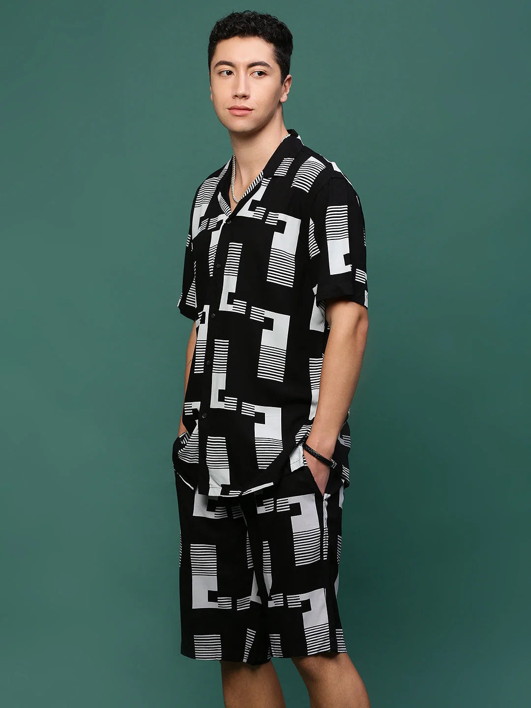 Men's Black Printed Co Ord Set | Cuban Collar Two Piece Set