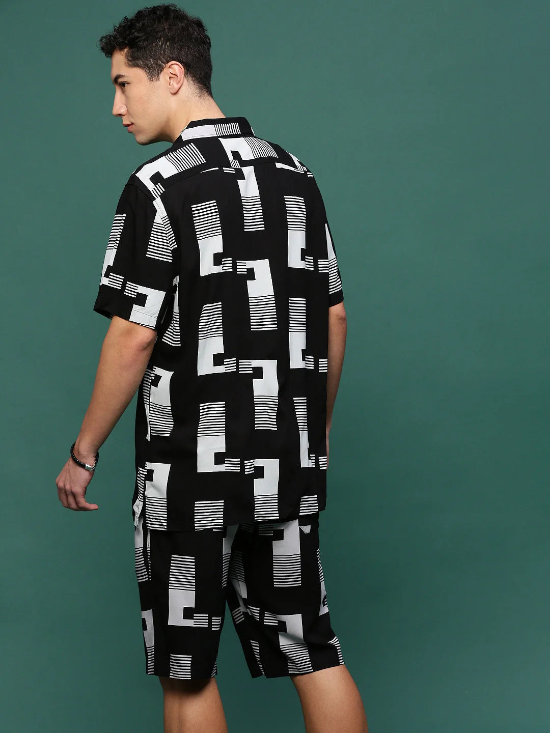 Men's Black Printed Co Ord Set | Cuban Collar Two Piece Set