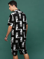 Men Black Cuban Collar Printed Co Ords Set-Kinsey-3315-Black