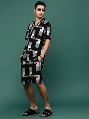 Men Black Cuban Collar Printed Co Ords Set-Kinsey-3315-Black
