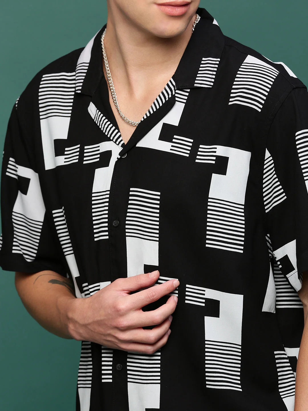 Men's Black Printed Co Ord Set | Cuban Collar Two Piece Set