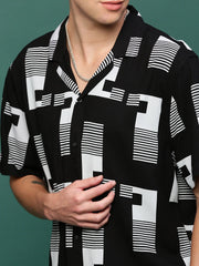 Men Black Cuban Collar Printed Co Ords Set-Kinsey-3315-Black