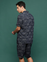Men Navy Blue Cuban Collar Printed Co Ords Set-Kinsey-3322-Navyblue