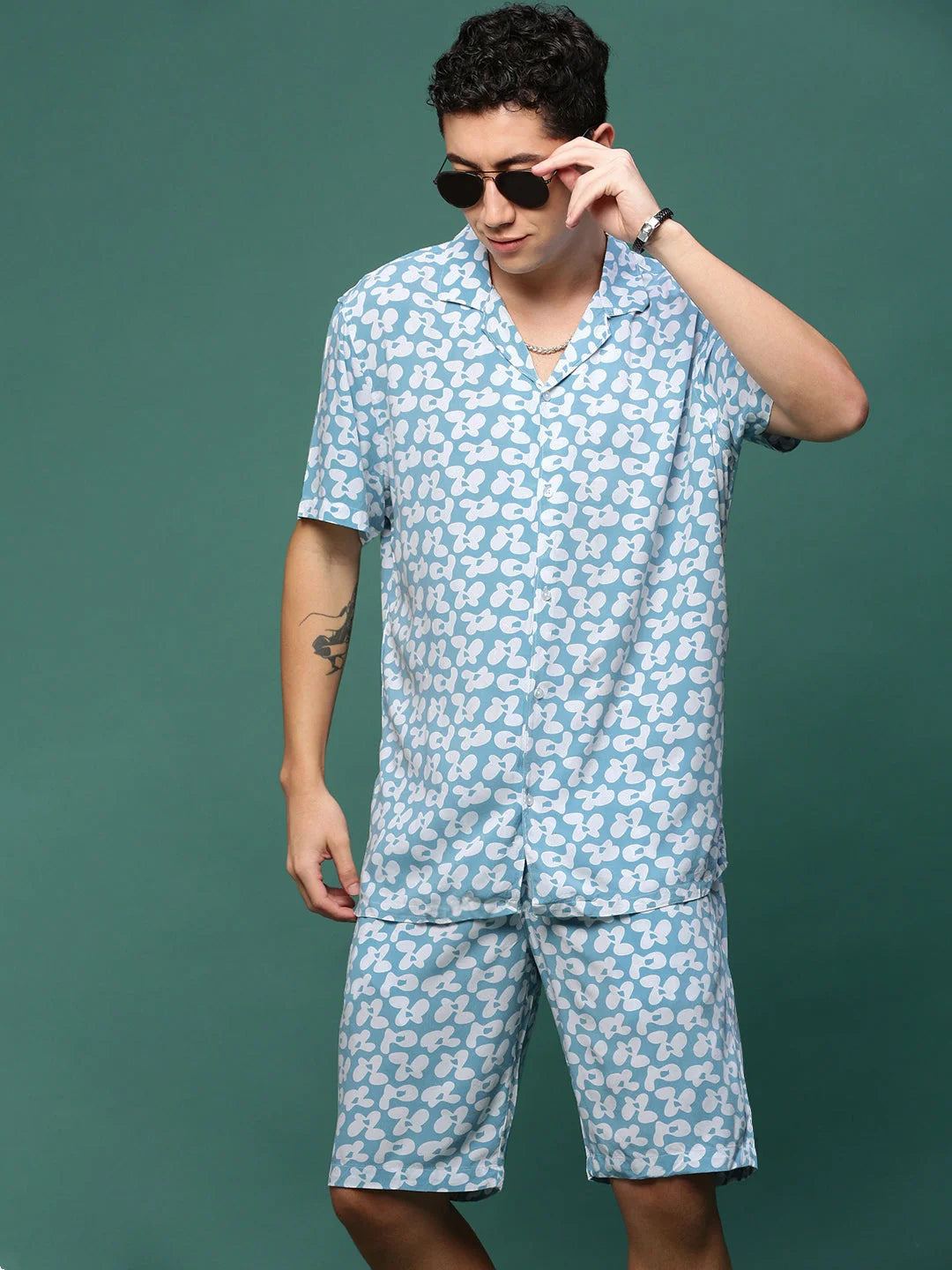 Men Blue Cuban Collar Printed Co Ords Set-Kinsey-3327-Blue