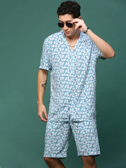 Men Blue Cuban Collar Printed Co Ords Set-Kinsey-3327-Blue
