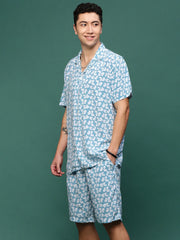 Men Blue Cuban Collar Printed Co Ords Set-Kinsey-3327-Blue