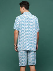 Men Blue Cuban Collar Printed Co Ords Set-Kinsey-3327-Blue