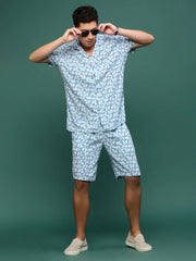 Men Blue Cuban Collar Printed Co Ords Set-Kinsey-3327-Blue