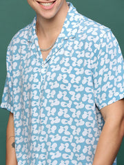 Men Blue Cuban Collar Printed Co Ords Set-Kinsey-3327-Blue