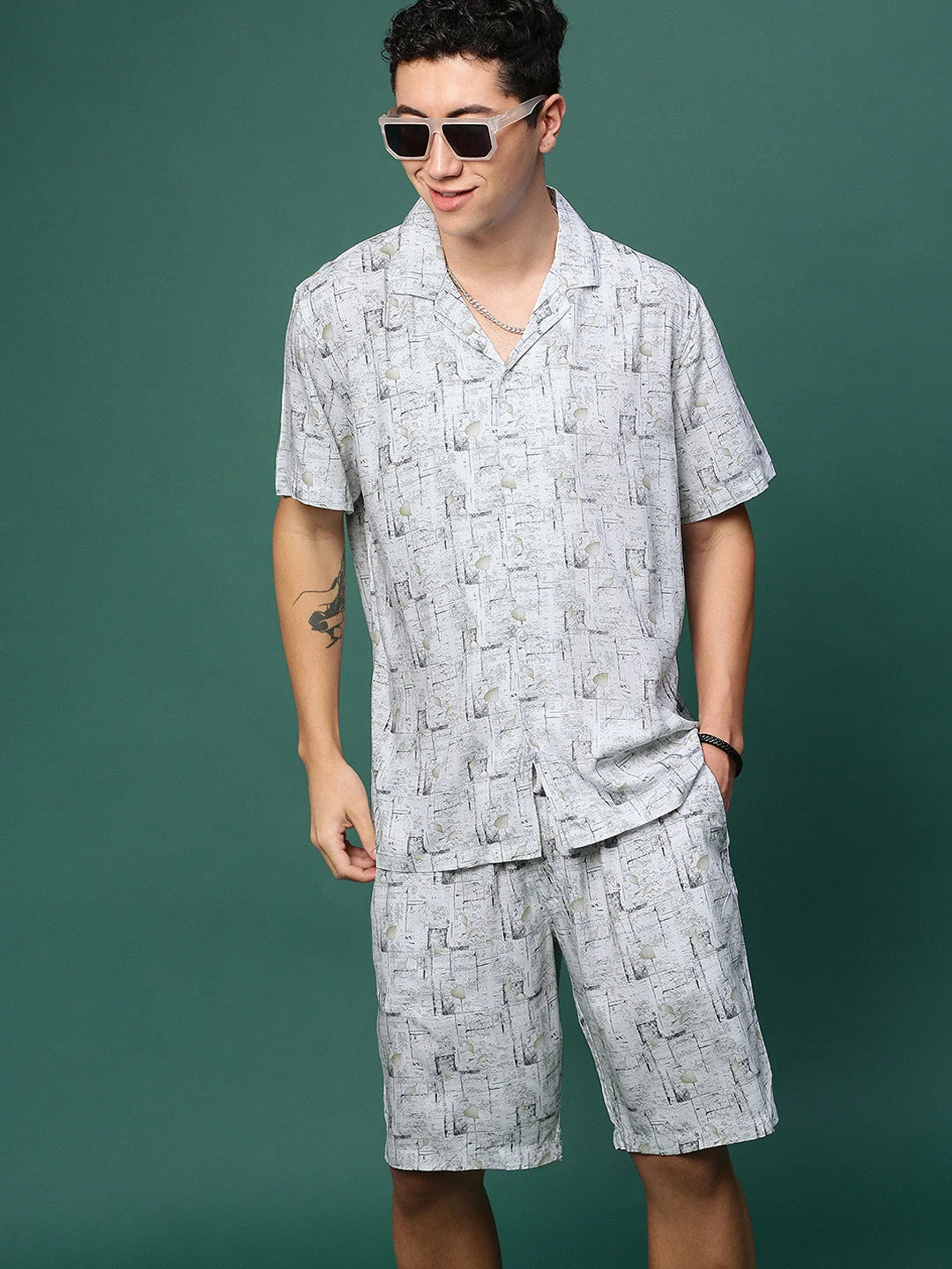 Off White Printed Co Ord Set - Cuban Collar Mens Two Piece Sets