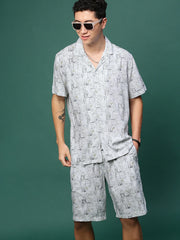 Men Off White Cuban Collar Printed Co Ords Set-Kinsey-3329-Offwhite