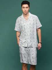 Men Off White Cuban Collar Printed Co Ords Set-Kinsey-3329-Offwhite