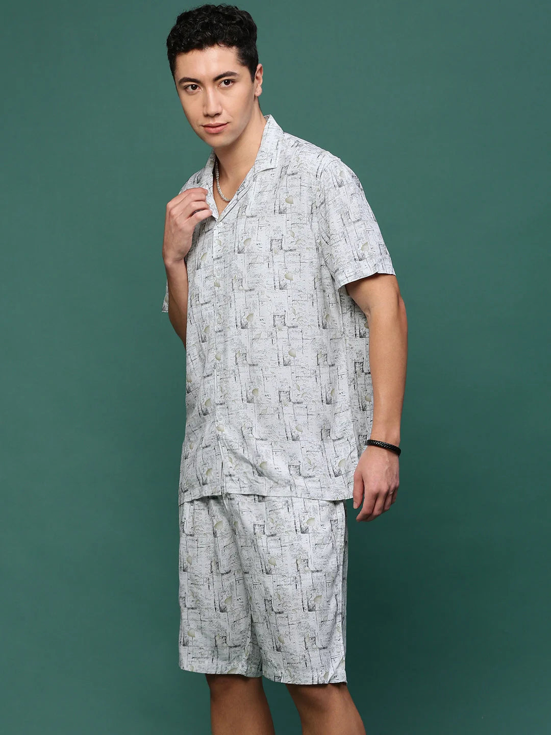 Off White Printed Co Ord Set - Cuban Collar Mens Two Piece Sets