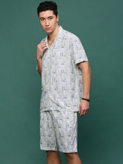 Men Off White Cuban Collar Printed Co Ords Set-Kinsey-3329-Offwhite