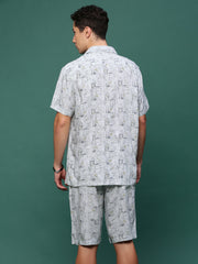 Men Off White Cuban Collar Printed Co Ords Set-Kinsey-3329-Offwhite
