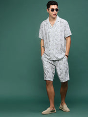 Men Off White Cuban Collar Printed Co Ords Set-Kinsey-3329-Offwhite