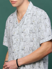 Men Off White Cuban Collar Printed Co Ords Set-Kinsey-3329-Offwhite