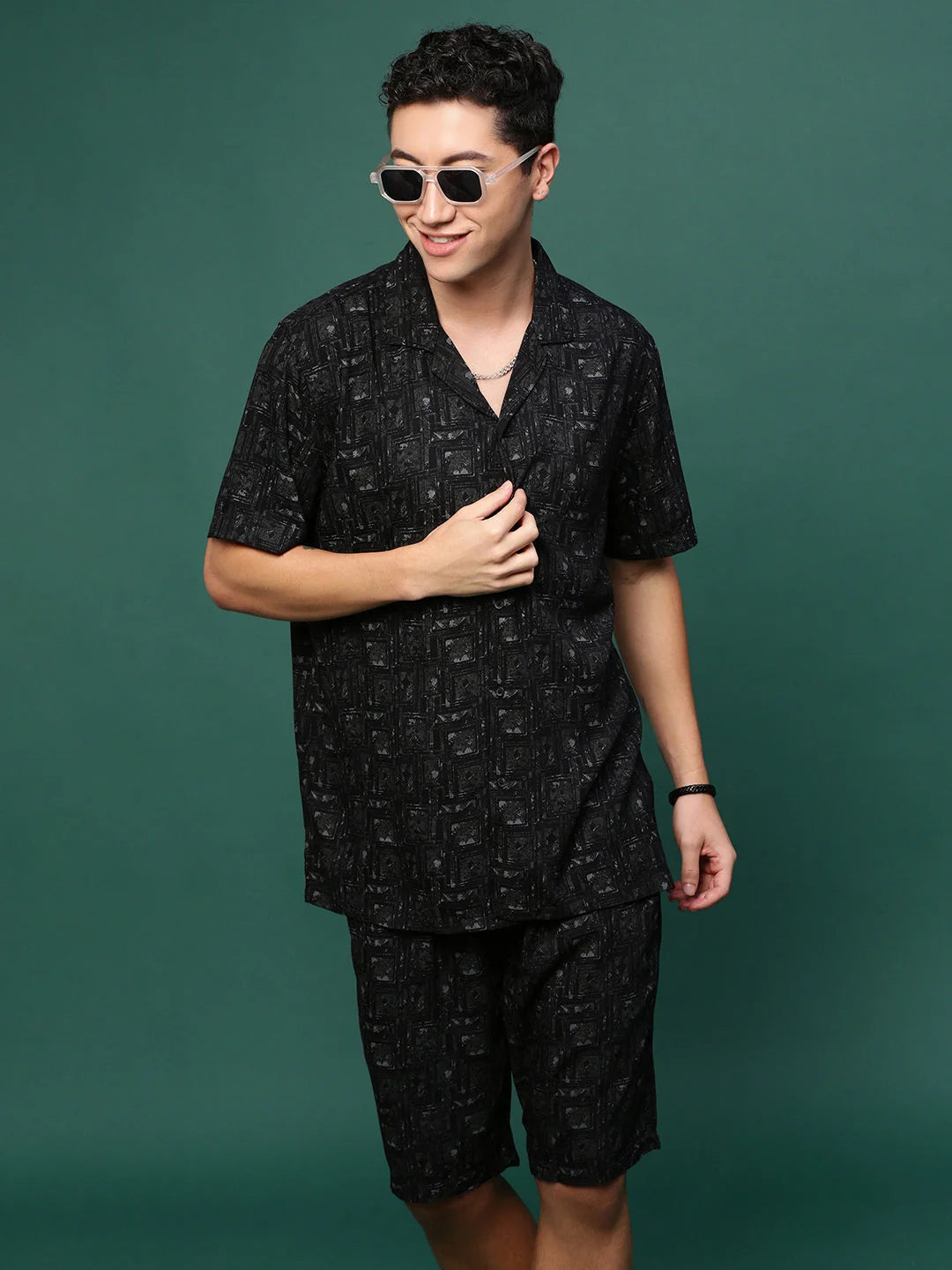 Men's Black Printed Co Ord Set - Cuban Collar, Casual Style