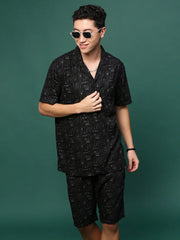 Men Black Cuban Collar Printed Co Ords Set-Kinsey-3330-Black