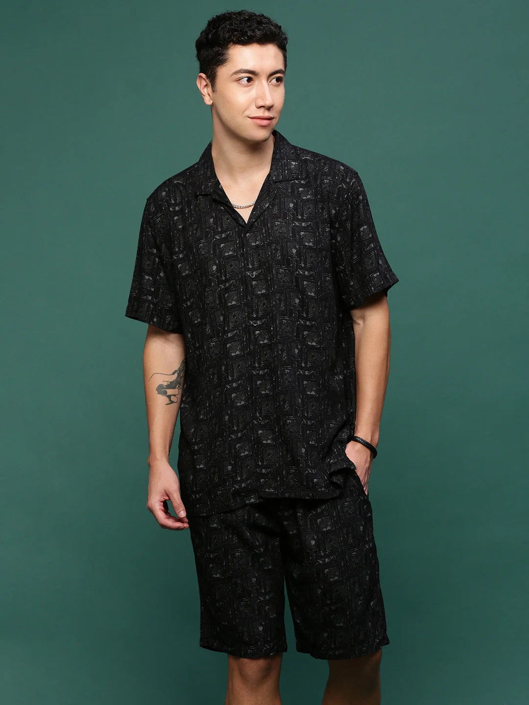 Men's Black Printed Co Ord Set - Cuban Collar, Casual Style