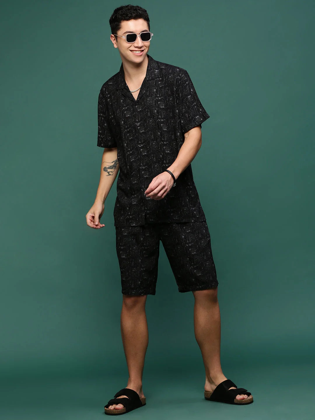 Men's Black Printed Co Ord Set - Cuban Collar, Casual Style