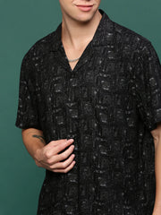 Men Black Cuban Collar Printed Co Ords Set-Kinsey-3330-Black