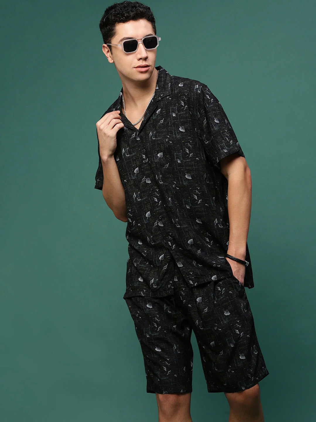 Men Black Cuban Collar Printed Co Ords Set-Kinsey-3332-Black