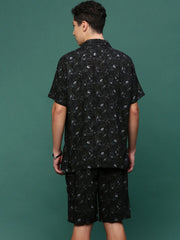 Men Black Cuban Collar Printed Co Ords Set-Kinsey-3332-Black