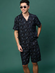 Men Navy Blue Cuban Collar Printed Co Ords Set-Kinsey-3333-Navyblue