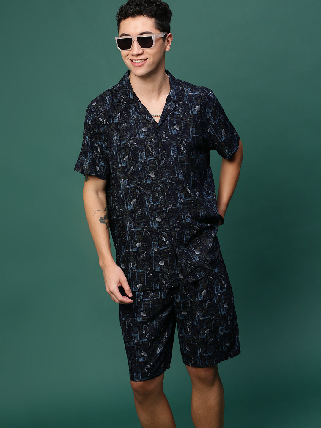 Navy Blue Printed Co Ord Set for Men | Two Piece Casual Set