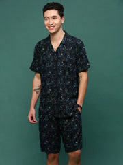 Men Navy Blue Cuban Collar Printed Co Ords Set-Kinsey-3333-Navyblue