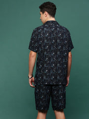 Men Navy Blue Cuban Collar Printed Co Ords Set-Kinsey-3333-Navyblue