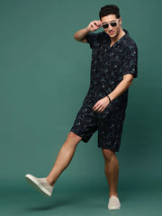Men Navy Blue Cuban Collar Printed Co Ords Set-Kinsey-3333-Navyblue